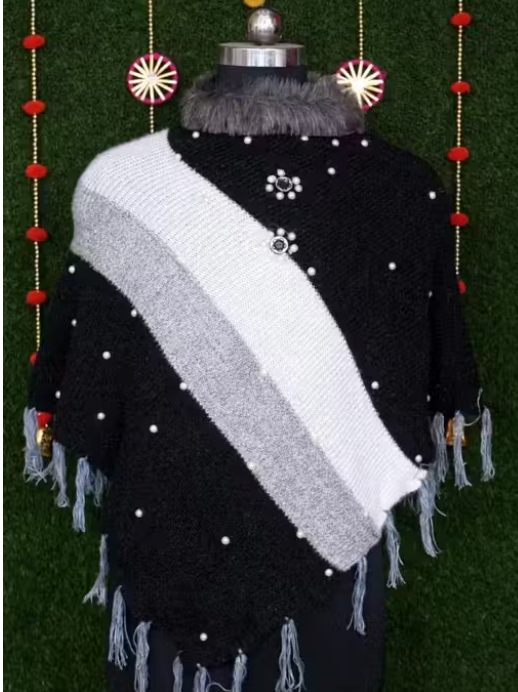 Designer Ponchu With Fur Neck and Pearls