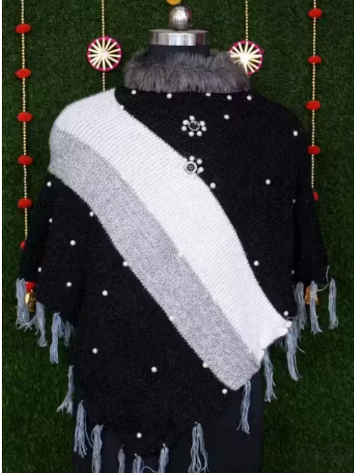 Designer Ponchu With Fur Neck and Pearls